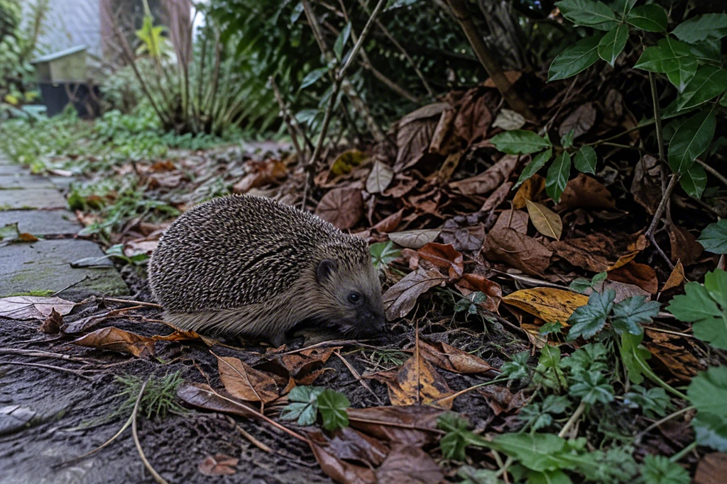 Igel auf herbstlichem Laub am Rand eines naturnahen Gartens